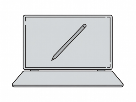 Flat vector illustration of a 2-in-1 laptop folded into tablet mode with a stylus pen resting on the screen