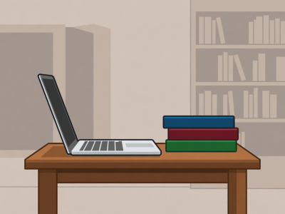 Flat vector illustration of a thin silver laptop sitting on a library table next to stacked books